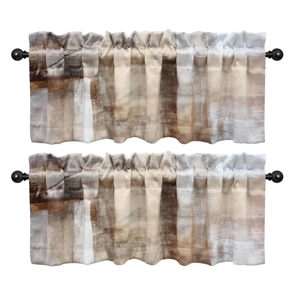 Set of 2, 52x18 Inch Abstract Art Valance for Windows (Brown Beige)